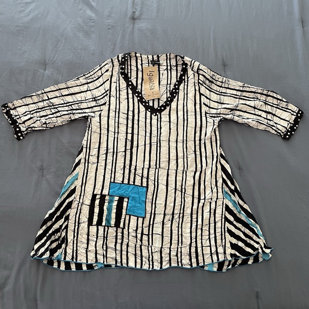 IGUANA XS Tunic Top Boutique Designer Artsy Black White Teal Abstract NWT